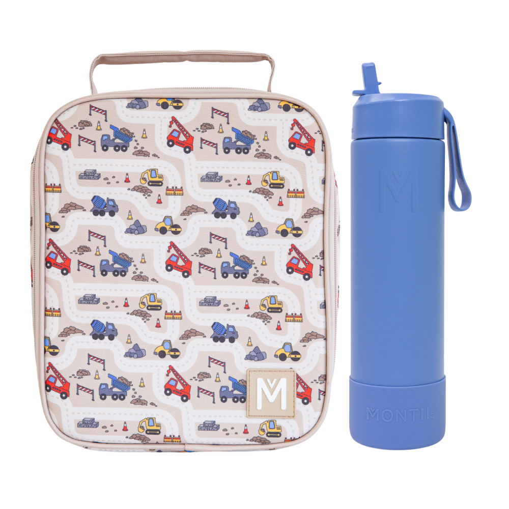 MontiiCo Large Lunch Bag & Sipper Bottle Bundle - Construction