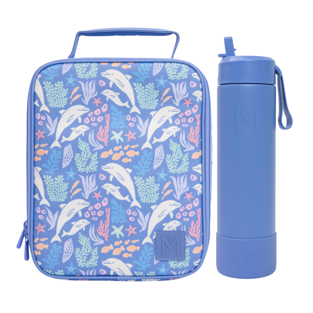 MontiiCo Large Lunch Bag & Sipper Bottle Bundle - Dolphin Dreams