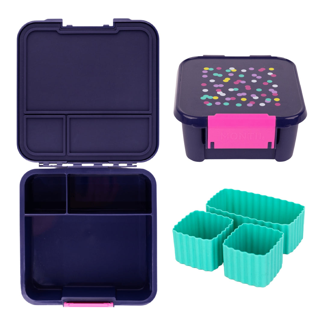MontiiCo Bento Three & Two Lunch Box Bundle - Bonus Cups - Confetti