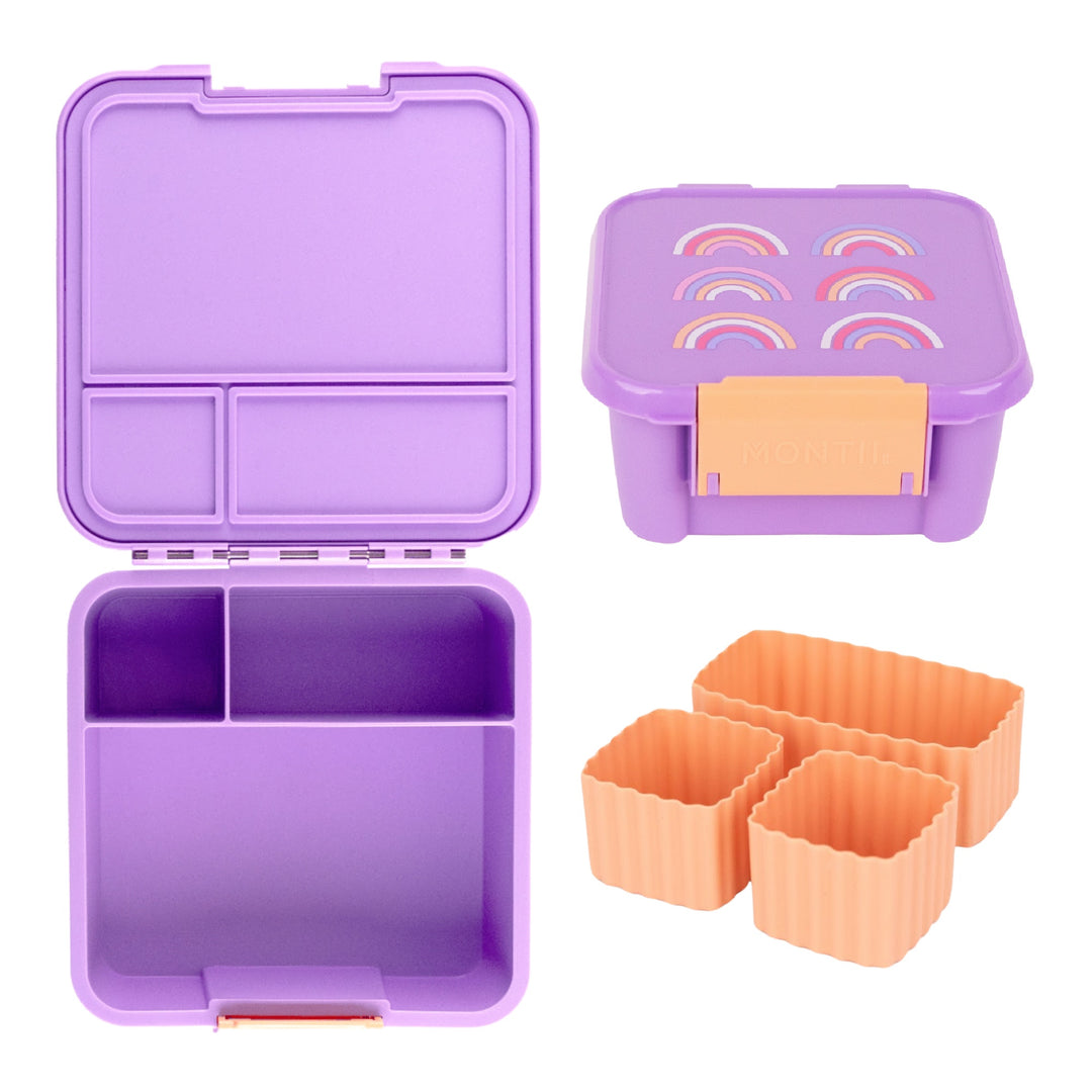 MontiiCo Bento Three & Two Lunch Box Bundle - Bonus Cups - Rainbow Roller