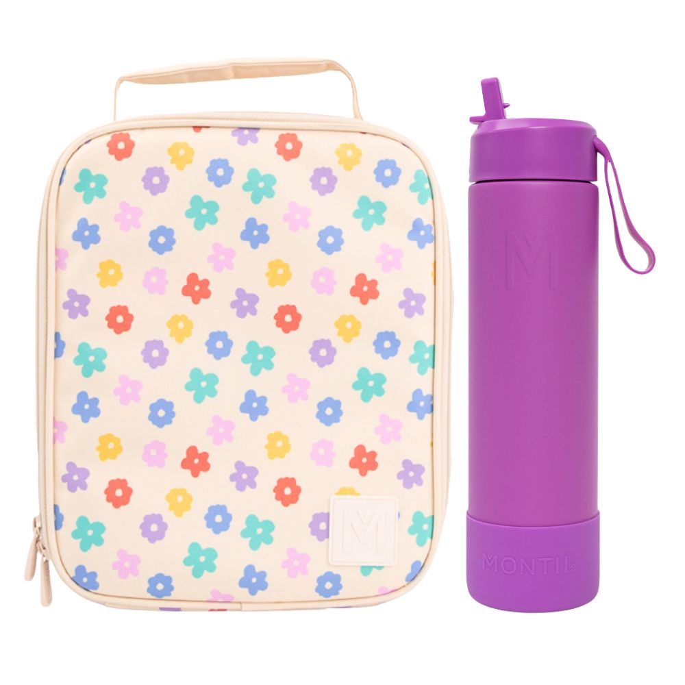 MontiiCo Large Lunch Bag & Sipper Bottle Bundle - Daisy Dream