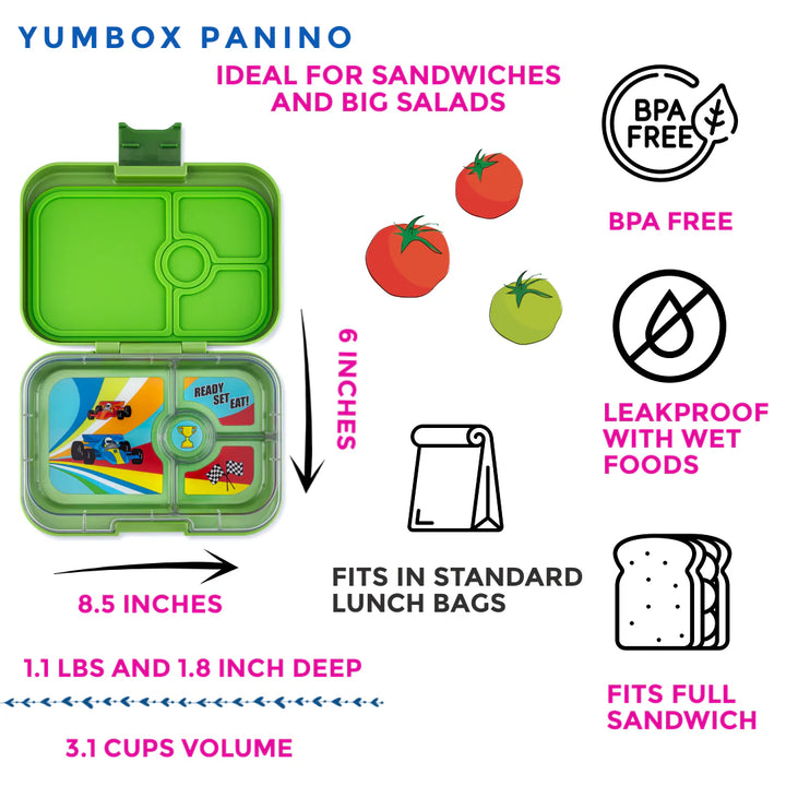 Yumbox Panino 4 Lunch Box - Matcha Green - Race Car