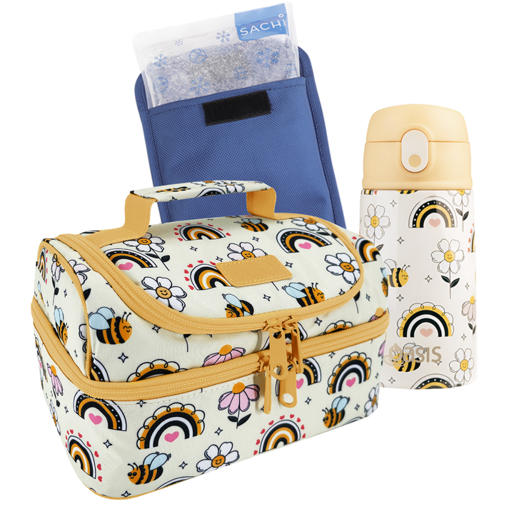 Sachi Double Decker Insulated Lunch Bag + Sipper Bottle Bundle - Busy Bees