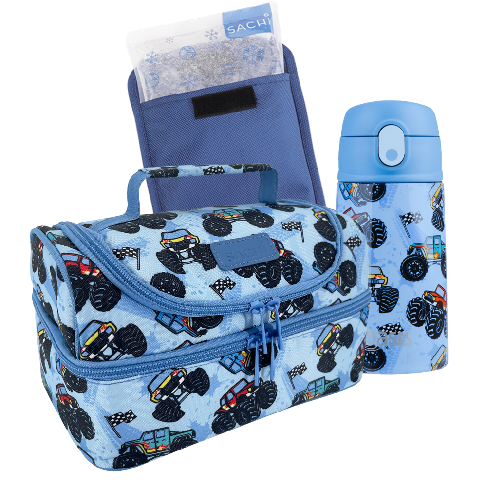 Sachi Double Decker Insulated Lunch Bag + Sipper Bottle Bundle - Monster Trucks