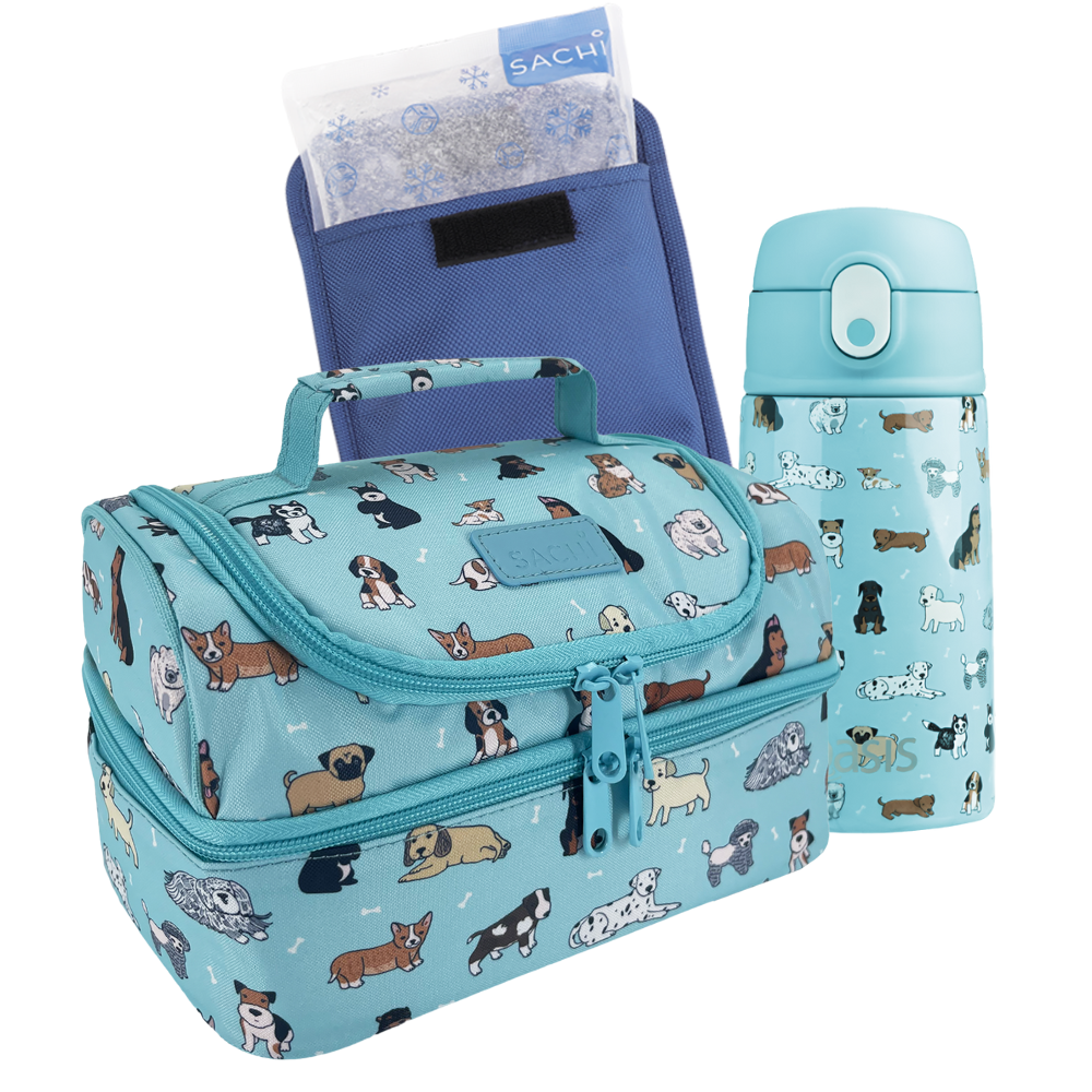 Sachi Double Decker Insulated Lunch Bag + Sipper Bottle Bundle - Puppy Dogs