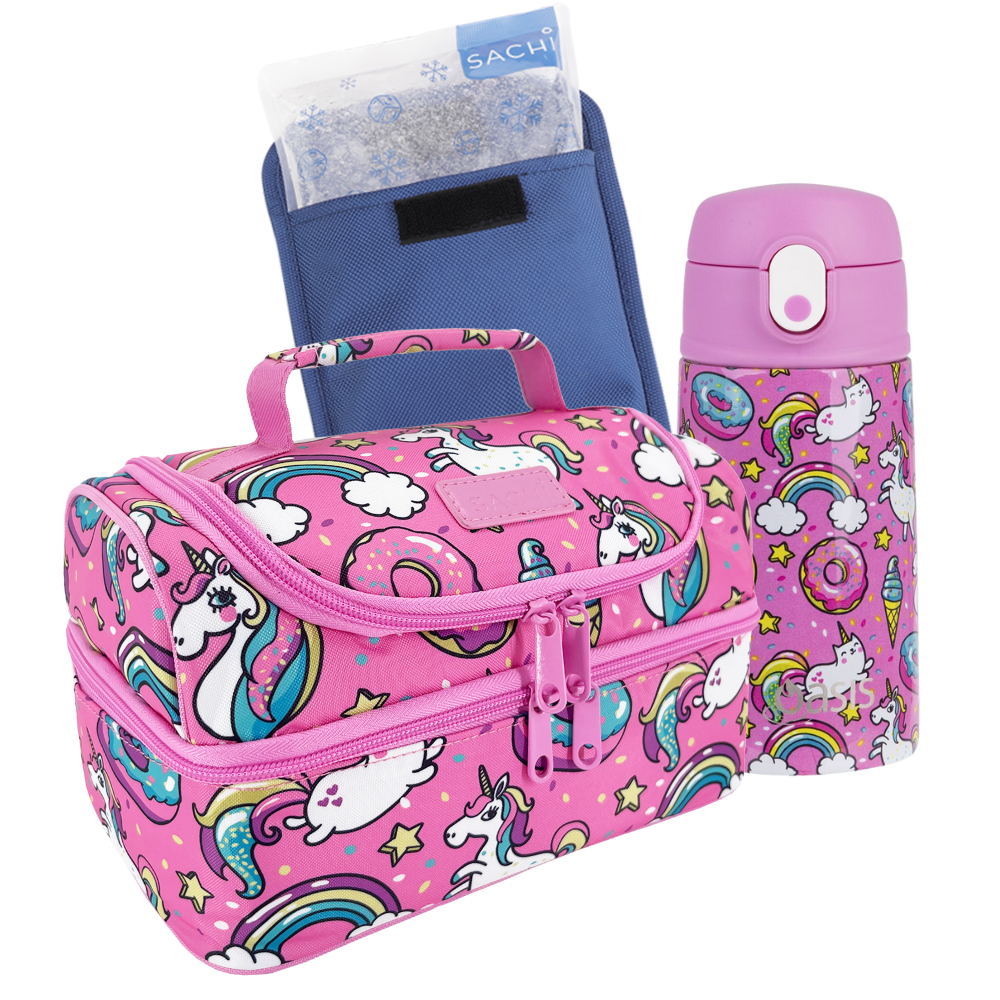 Sachi Double Decker Insulated Lunch Bag + Sipper Bottle Bundle - Unicorns