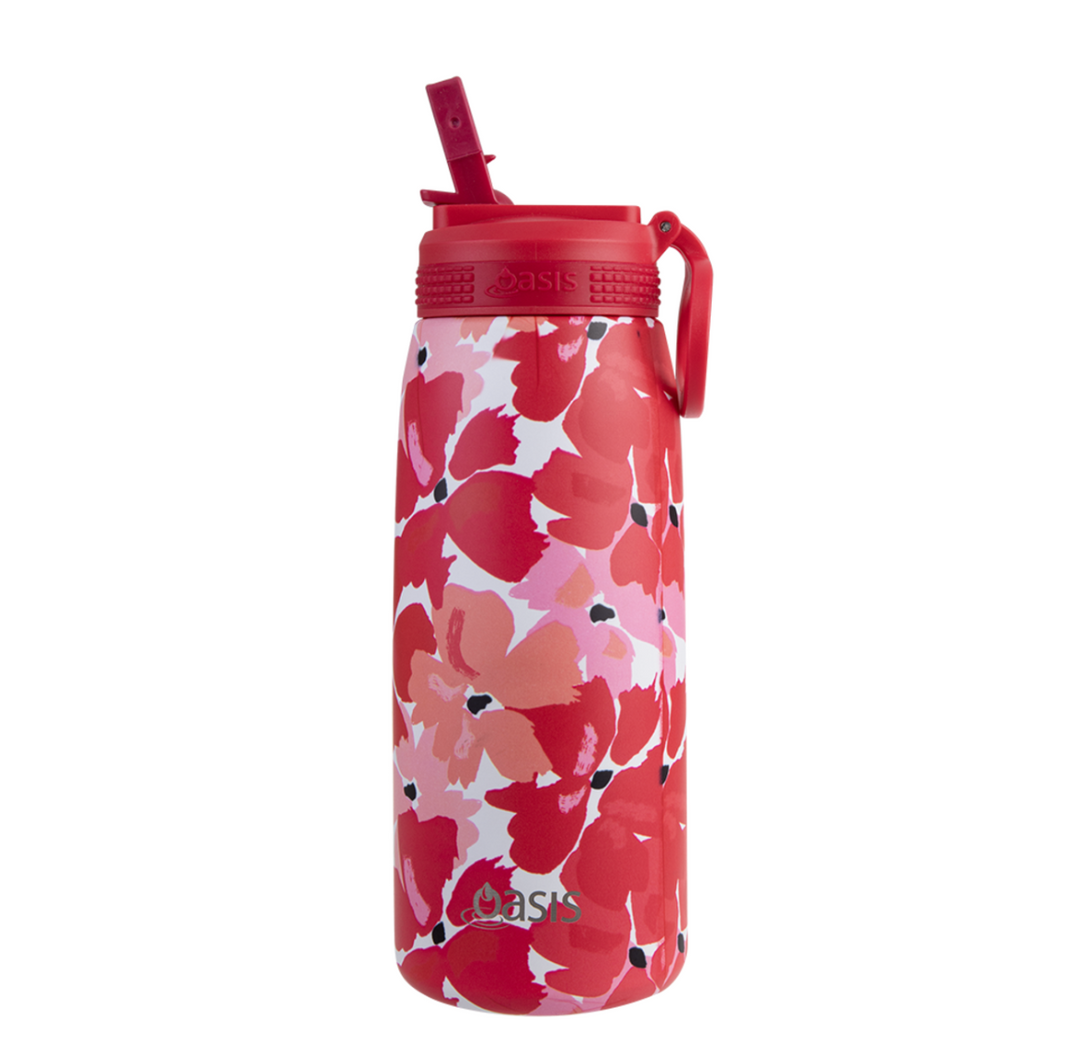 Oasis Insulated Sports Bottle with Sipper 780ml - Red Poppies