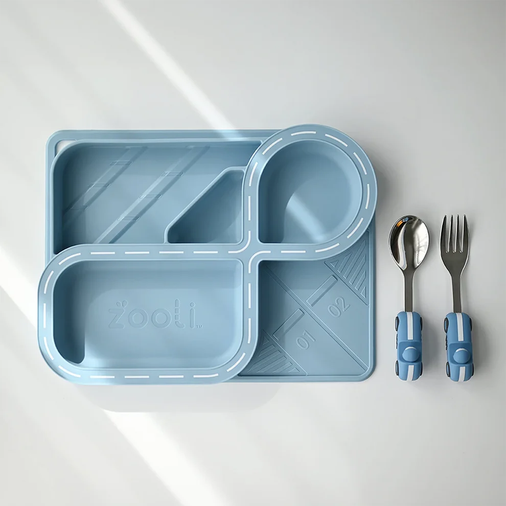 Zooli Children's Dinnerware Set - Powder Blue Racetrack