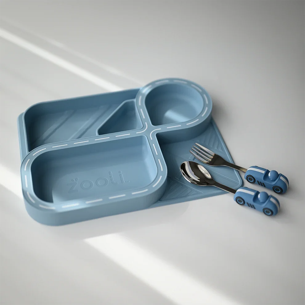 Zooli Children's Dinnerware Set - Powder Blue Racetrack