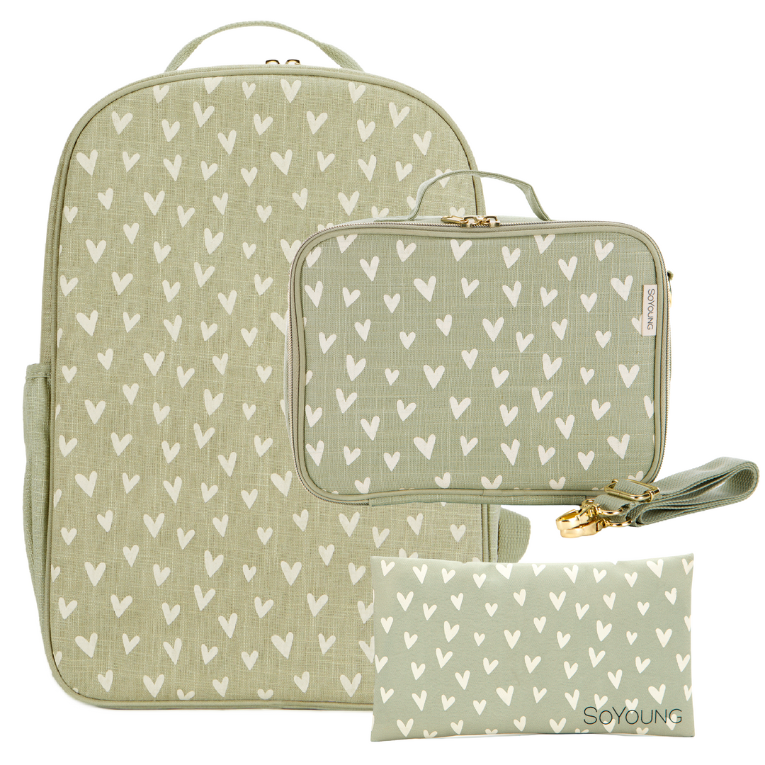 SoYoung Backpack, Lunch Bag & Ice Brick Bundle  - Little Hearts Sage