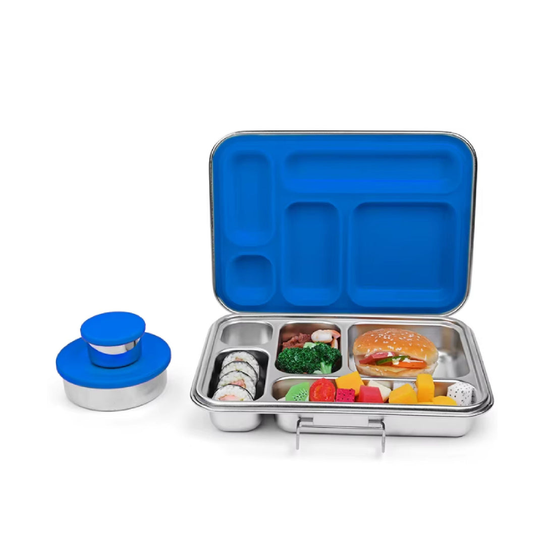 Stainless Steel 5 Compartment Bento With Leakproof Pots - Blue