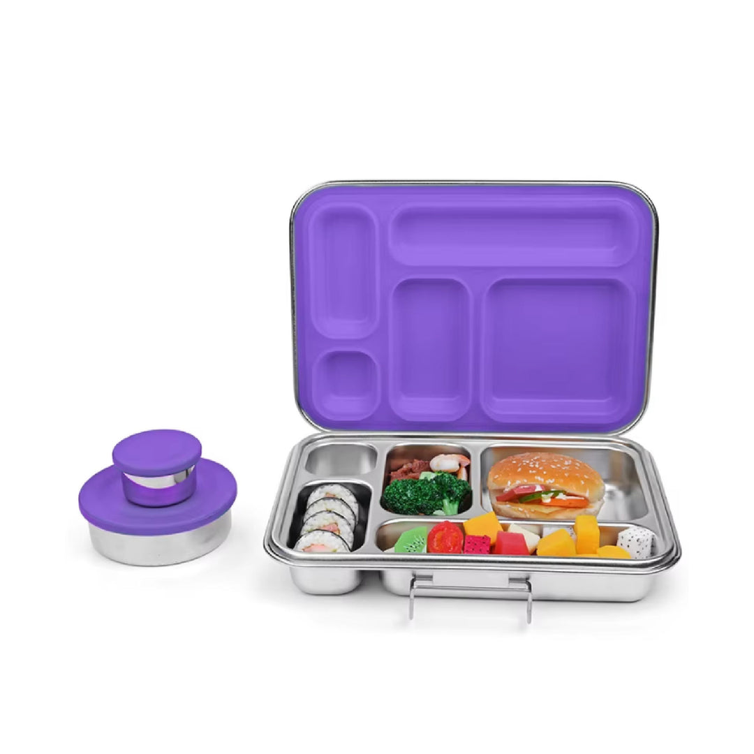 Stainless Steel 5 Compartment Bento With Leakproof Pots - Purple