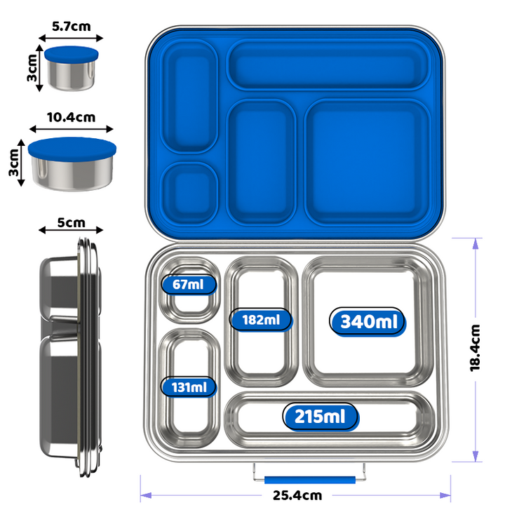 Stainless Steel 5 Compartment Bento With Leakproof Pots - Blue