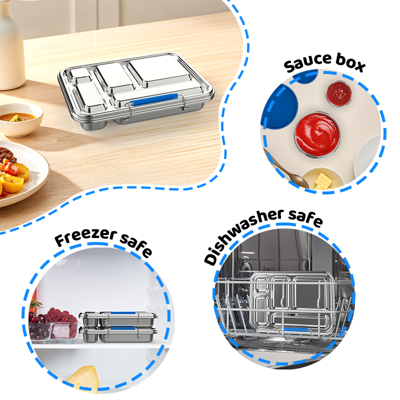 Stainless Steel 5 Compartment Bento With Leakproof Pots - Blue