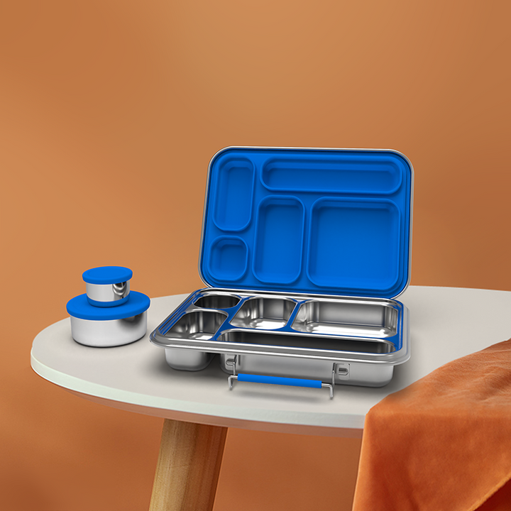 Stainless Steel 5 Compartment Bento With Leakproof Pots - Blue