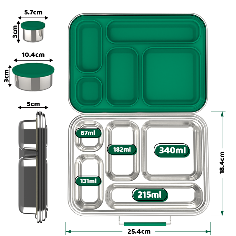Stainless Steel 5 Compartment Bento With Leakproof Pots - Green