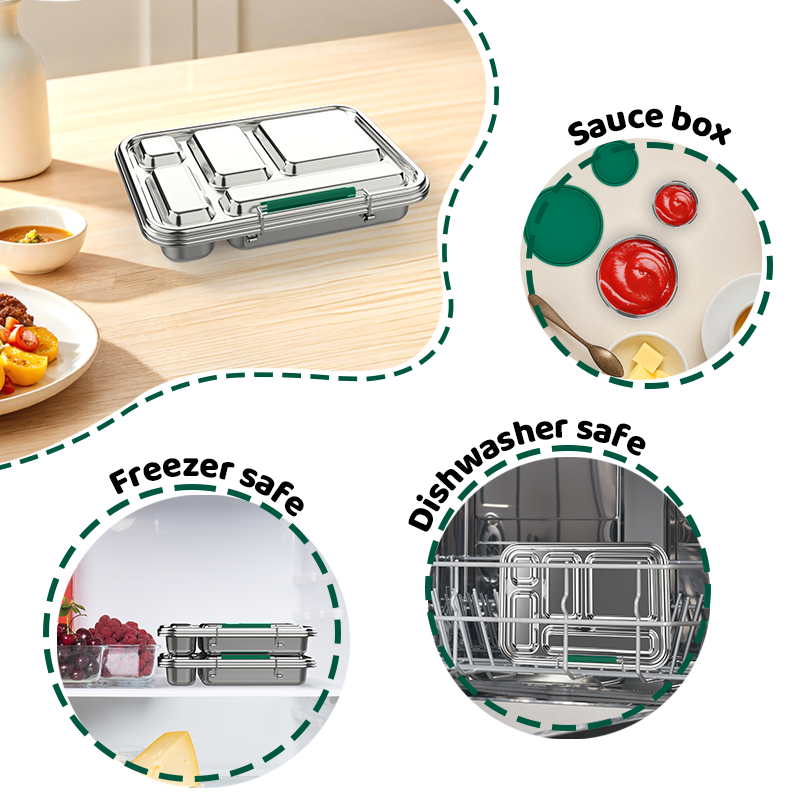 Stainless Steel 5 Compartment Bento With Leakproof Pots - Green