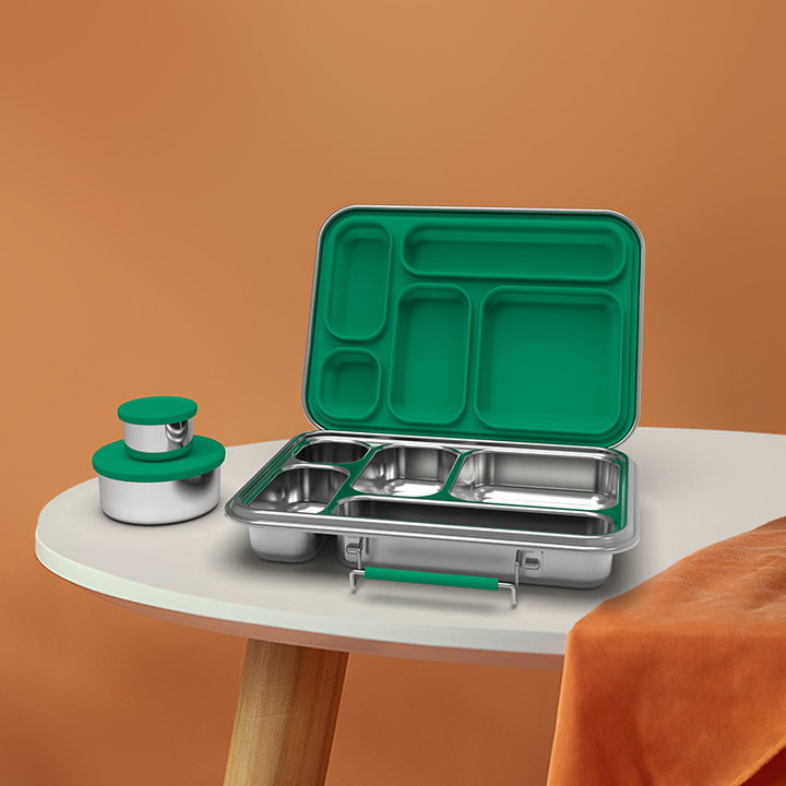 Stainless Steel 5 Compartment Bento With Leakproof Pots - Green