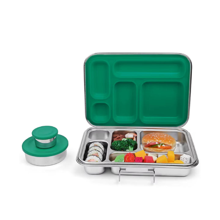 Stainless Steel 5 Compartment Bento With Leakproof Pots - Green