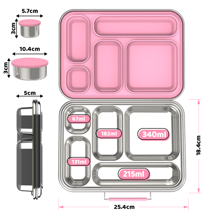 Stainless Steel 5 Compartment Bento With Leakproof Pots - Pink