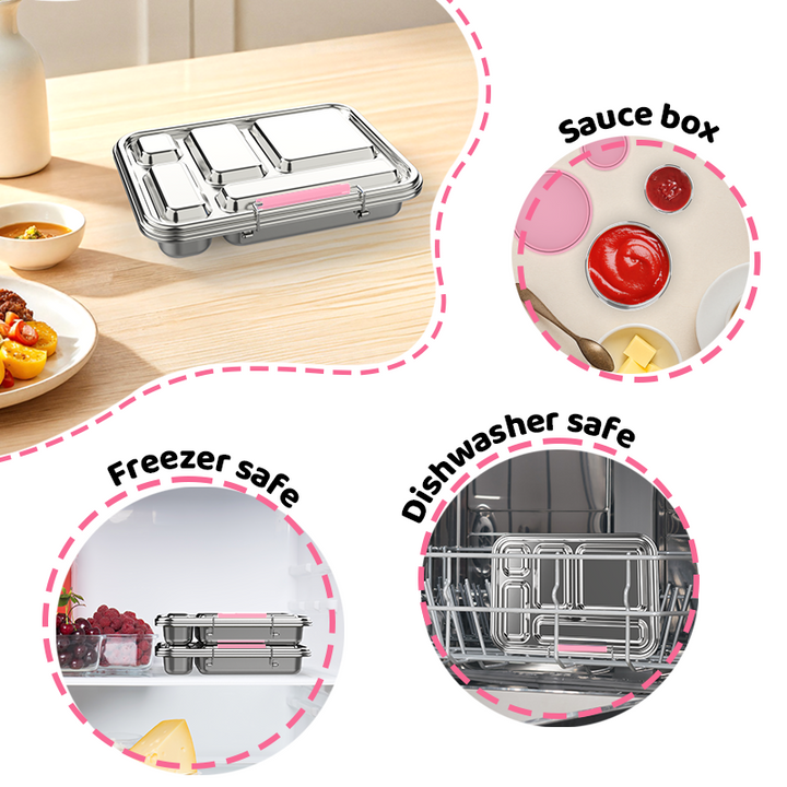 Stainless Steel 5 Compartment Bento With Leakproof Pots - Pink