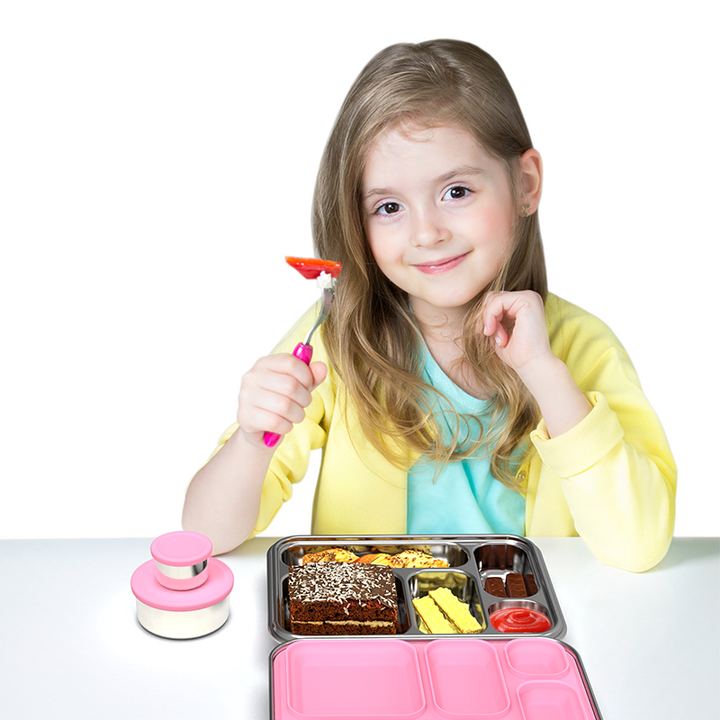 Stainless Steel 5 Compartment Bento With Leakproof Pots - Pink