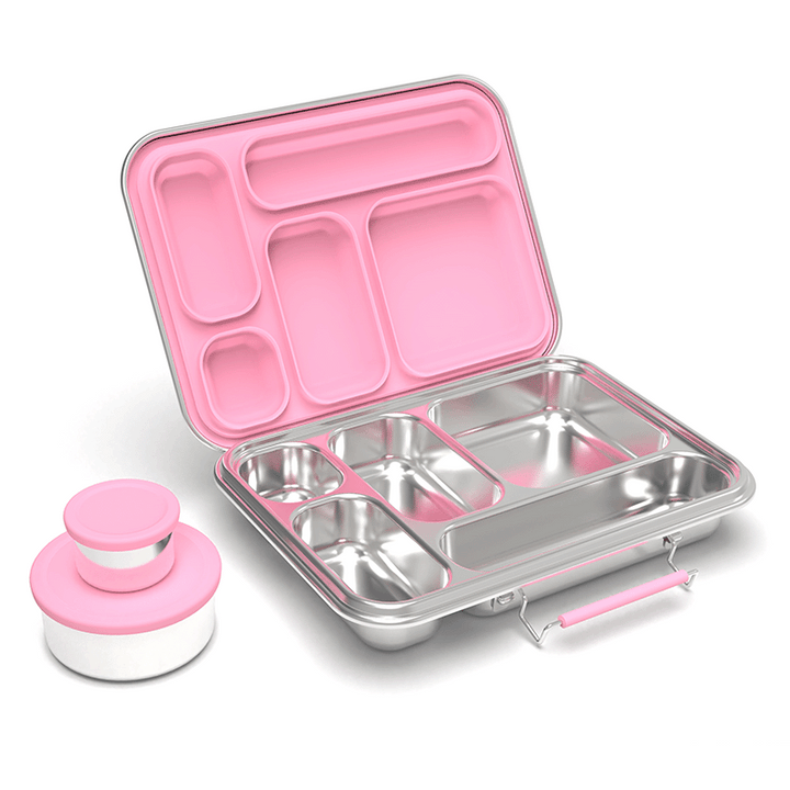 Stainless Steel 5 Compartment Bento With Leakproof Pots - Pink