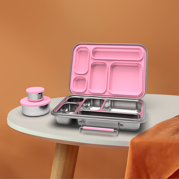 Stainless Steel 5 Compartment Bento With Leakproof Pots - Pink