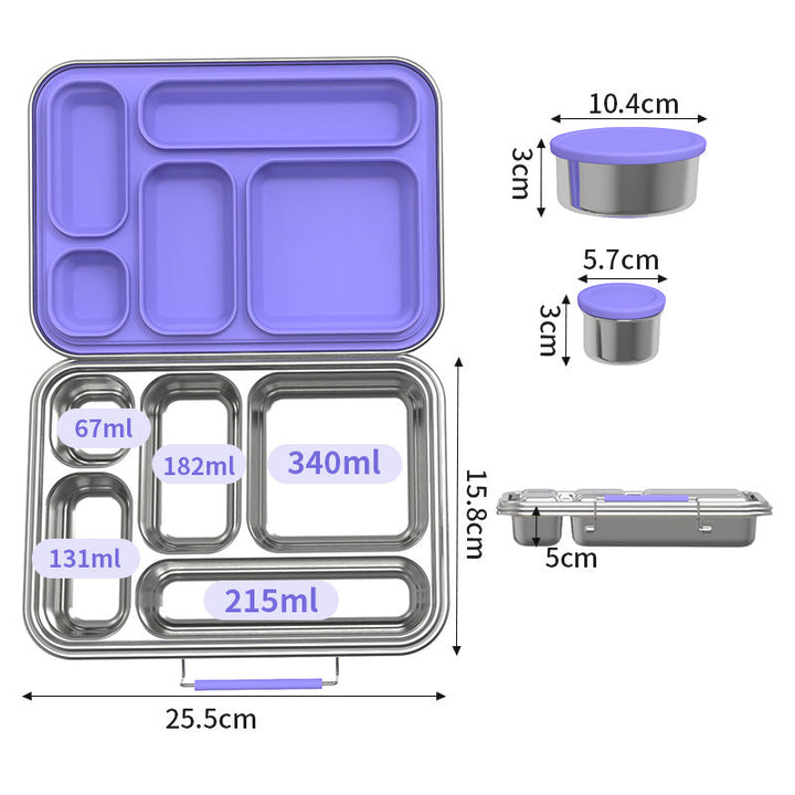 Stainless Steel 5 Compartment Bento With Leakproof Pots - Purple