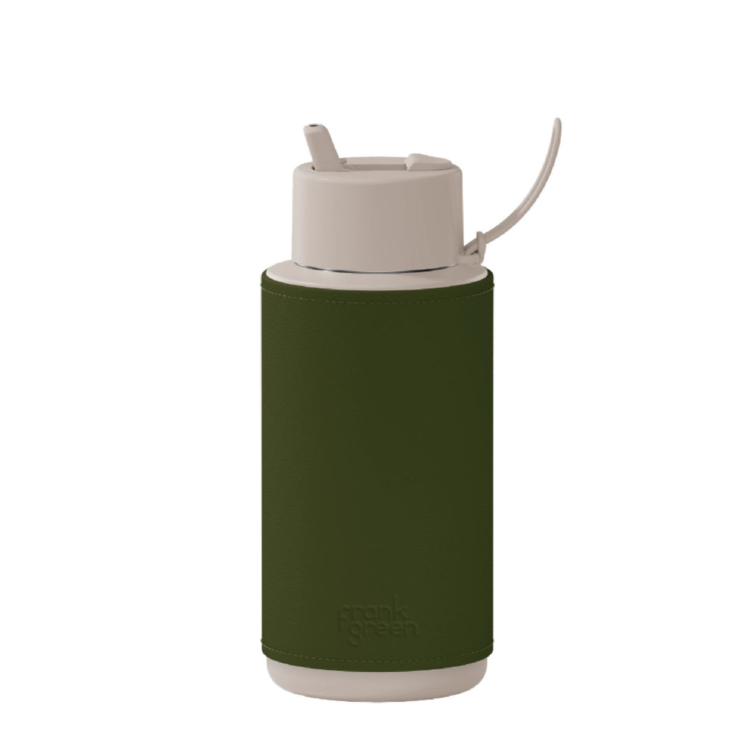 Frank Green Insulated Drink Bottle 1L - Moon Dust & Cactus Leather Sleeve - Khaki