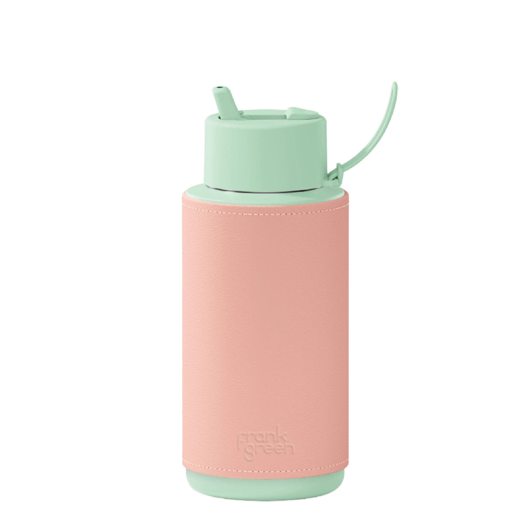 Frank Green Insulated Drink Bottle 1L - Mint Gelato & Cactus Leather Sleeve - Blushed