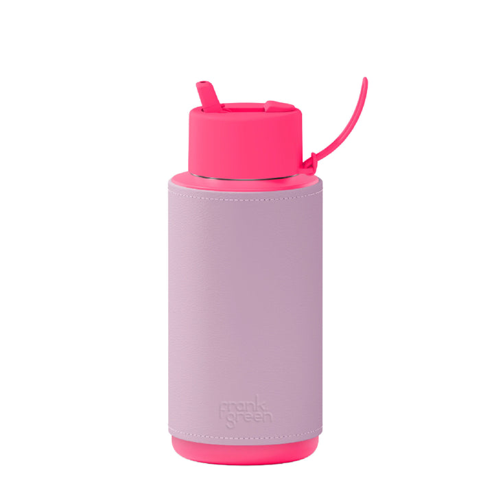 Frank Green Insulated Drink Bottle 1L - Neon Pink & Cactus Leather Sleeve - Lilac Haze