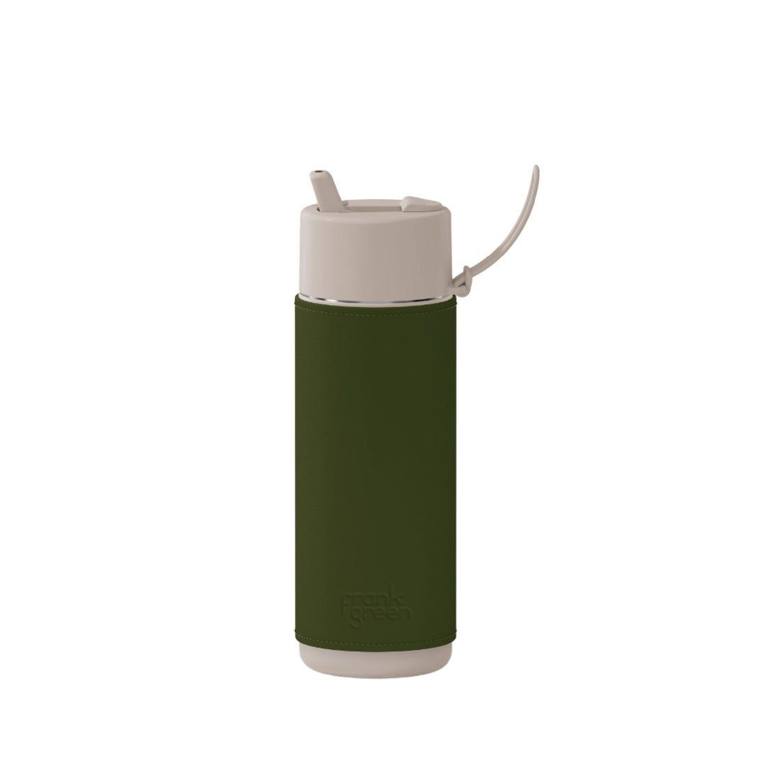 Frank Green Insulated Drink Bottle 595ml - Moon Dust & Cactus Leather Sleeve - Khaki