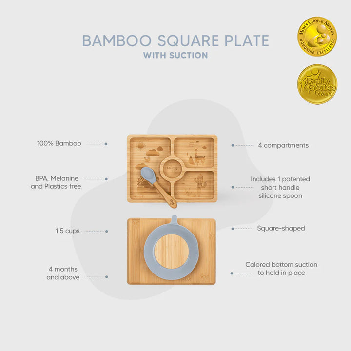 Citron Bamboo Divided Suction Plate & Spoon - Blue