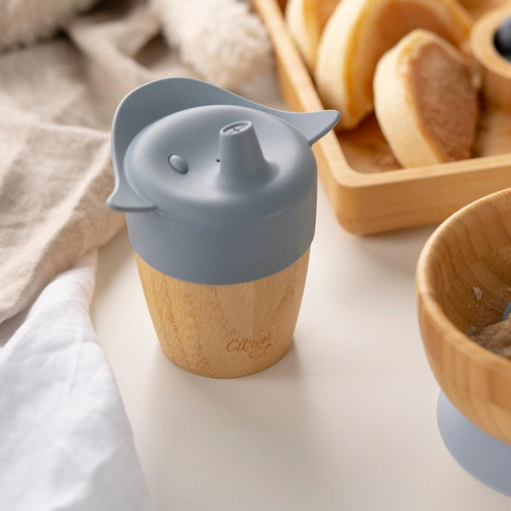 Citron Bamboo Cup With 2 Lids + Straw - Dusty Blue