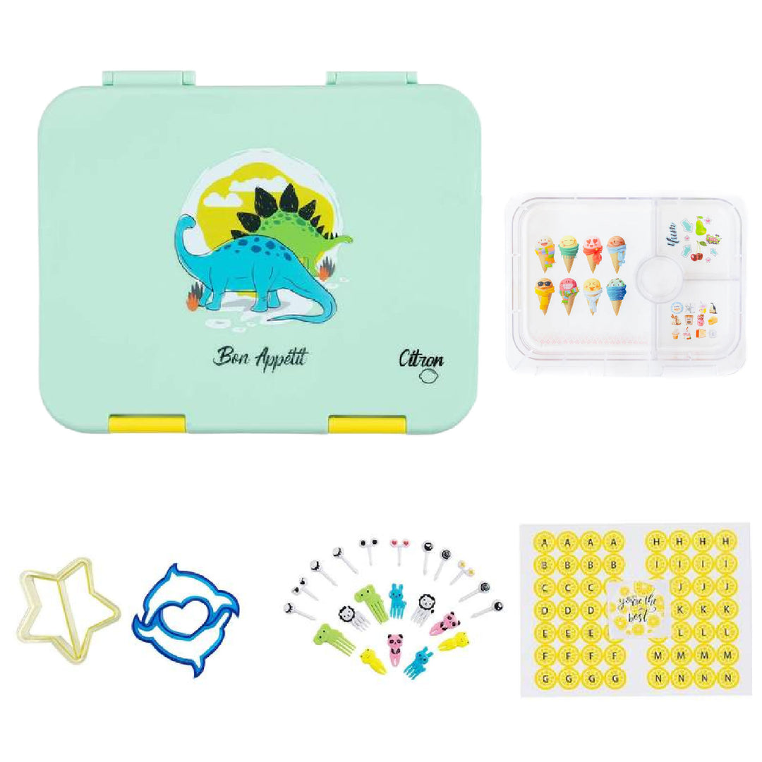 Citron Bento Lunch Box With Sandwich Cutters + Picks - Green Dino