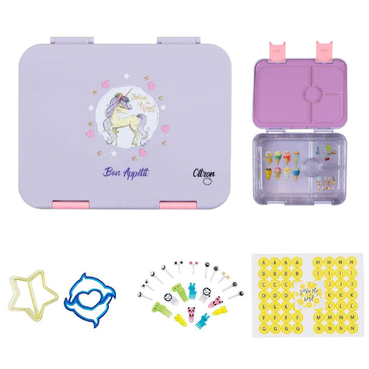 Citron Bento Lunch Box With Sandwich Cutters + Picks - Purple Unicorn