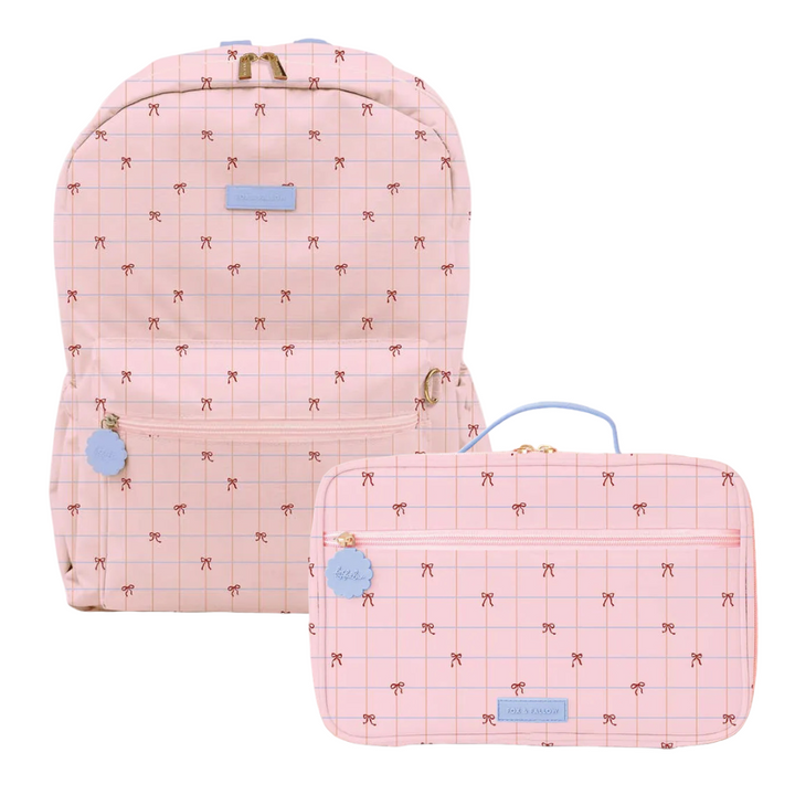 PRE-ORDER - Fox & Fallow Campus Backpack + Large Insulated Lunch Bag Bundle - Pink Grid Bows
