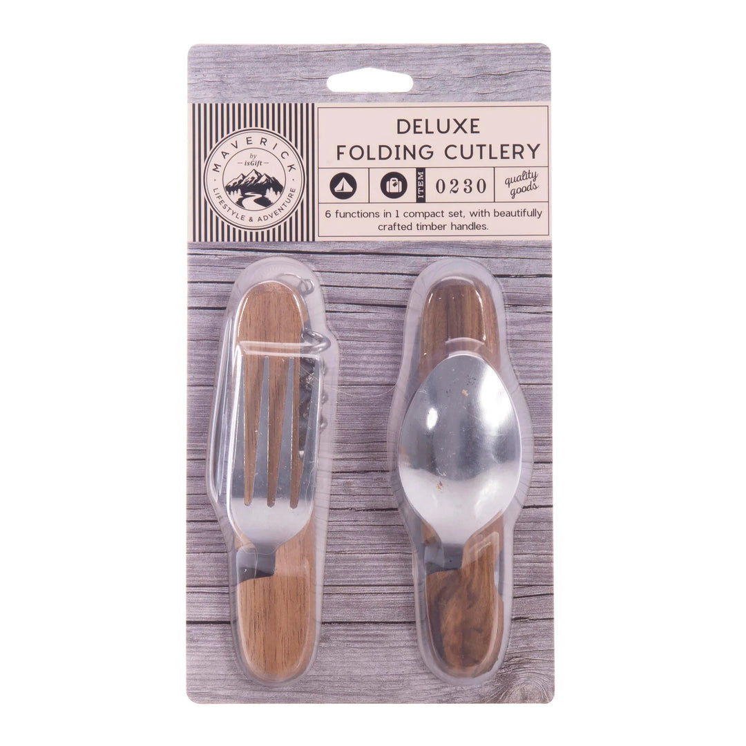 Maverick Deluxe Folding Cutlery - Natural & Stainless Steel