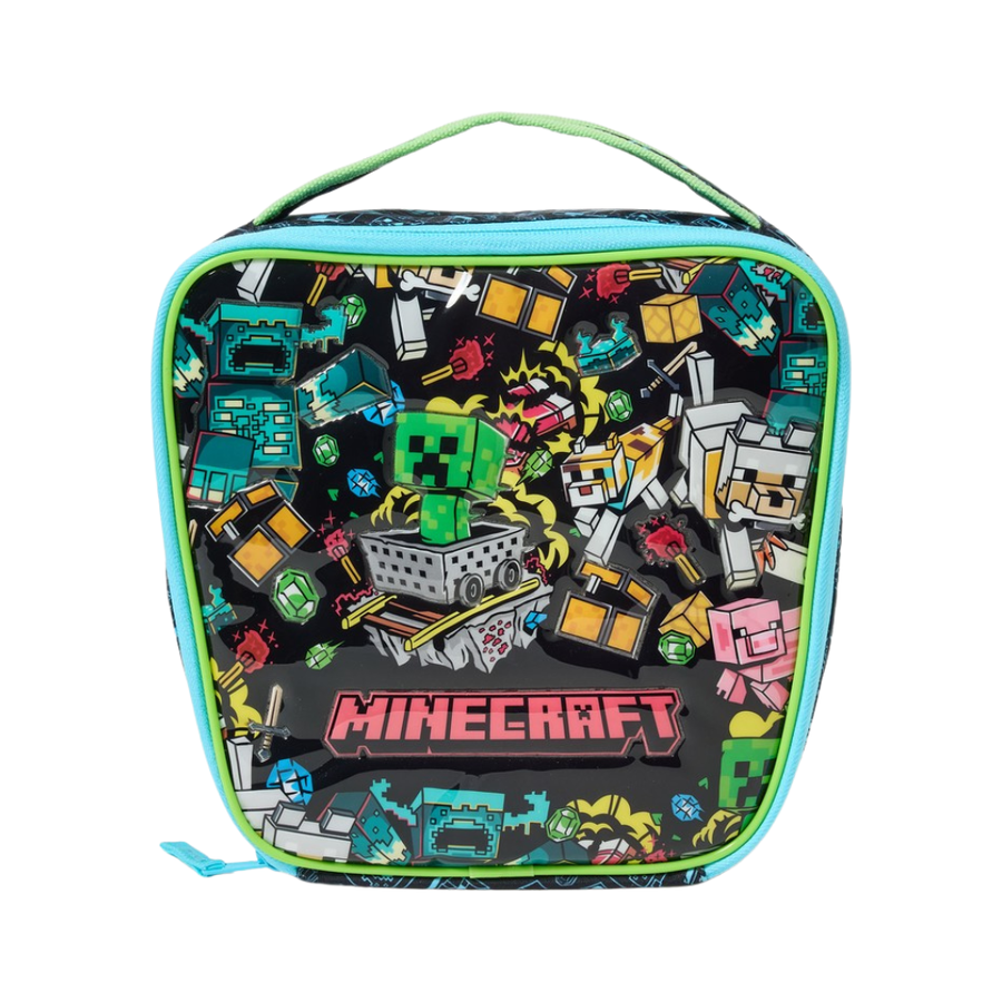 Minecraft-themed lunch bag with colorful graphics on a white background