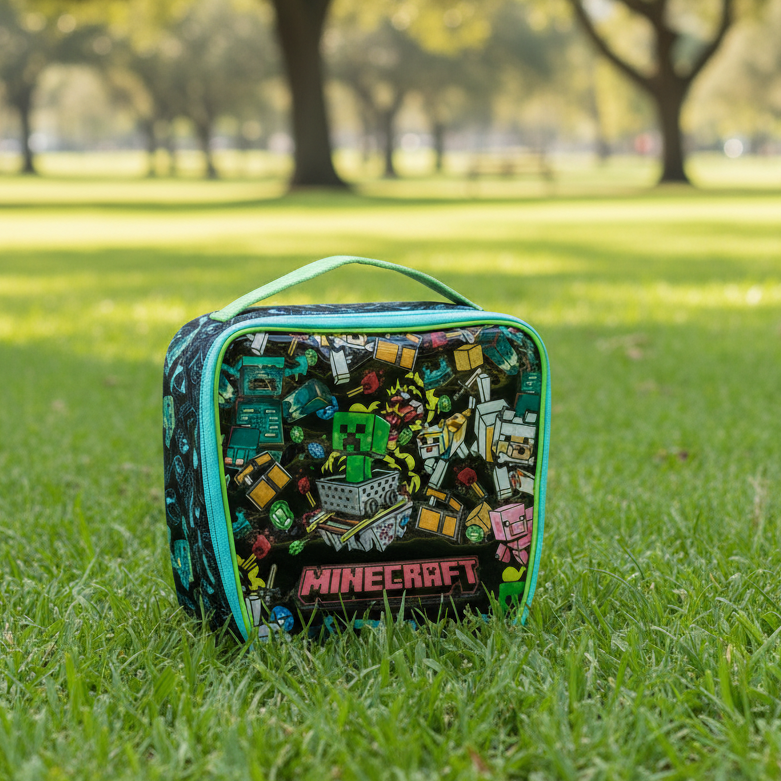 Minecraft-themed lunch bag on grass with trees in the background