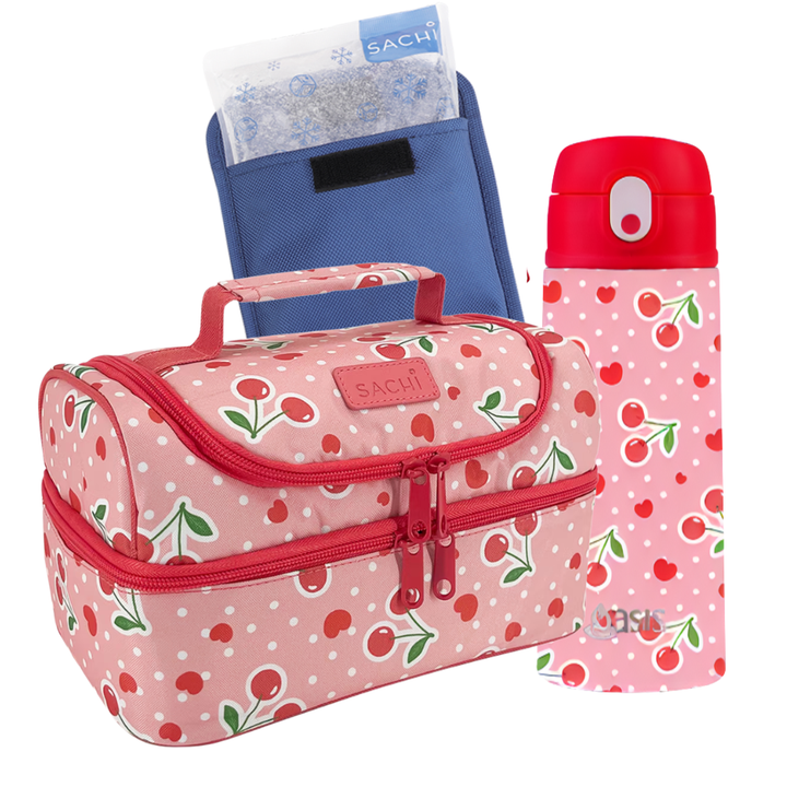 Sachi Double Decker Insulated Lunch Bag + Sipper Bottle Bundle - Cherry Crush