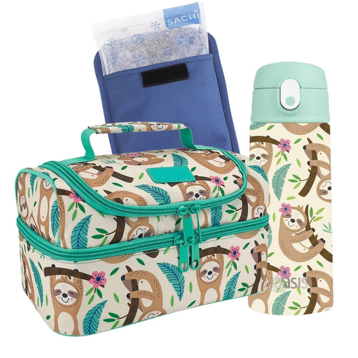 Sachi Double Decker Insulated Lunch Bag + Sipper Bottle Bundle - Sleepy Sloths