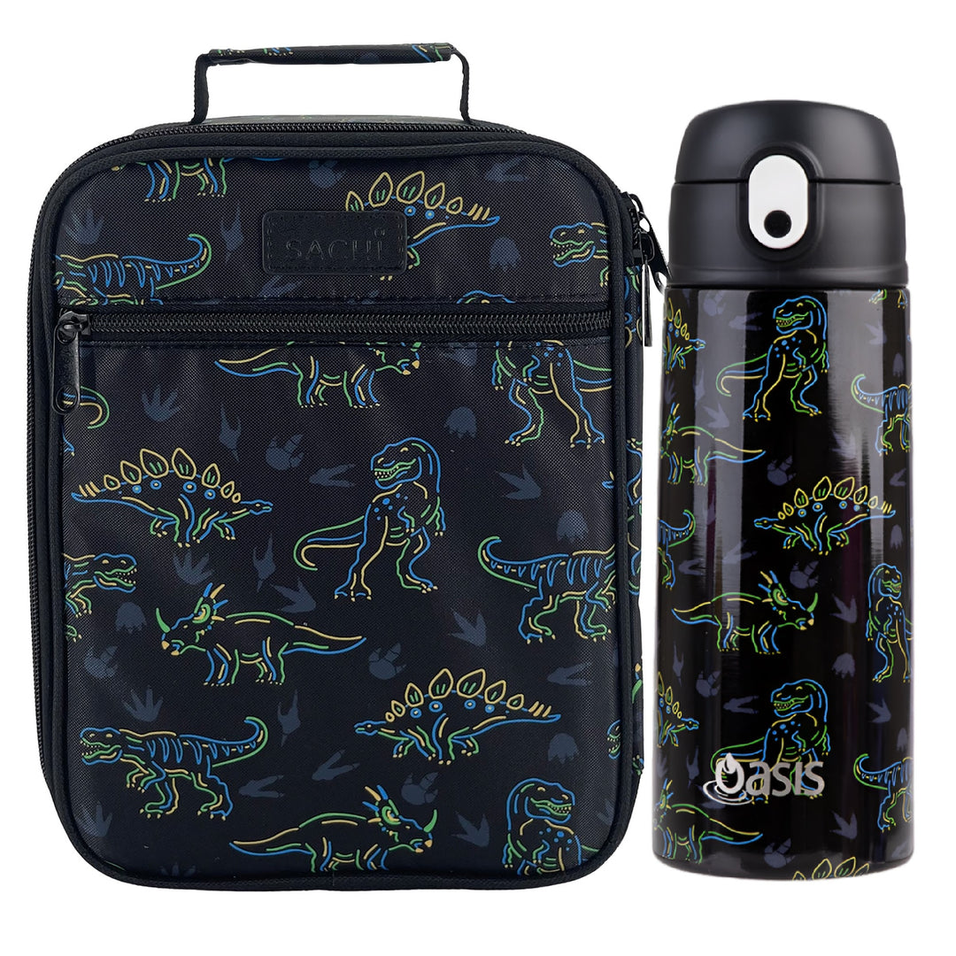 Sachi Insulated Lunch Bag & Bottle Bundle - Neon Dinosaurs