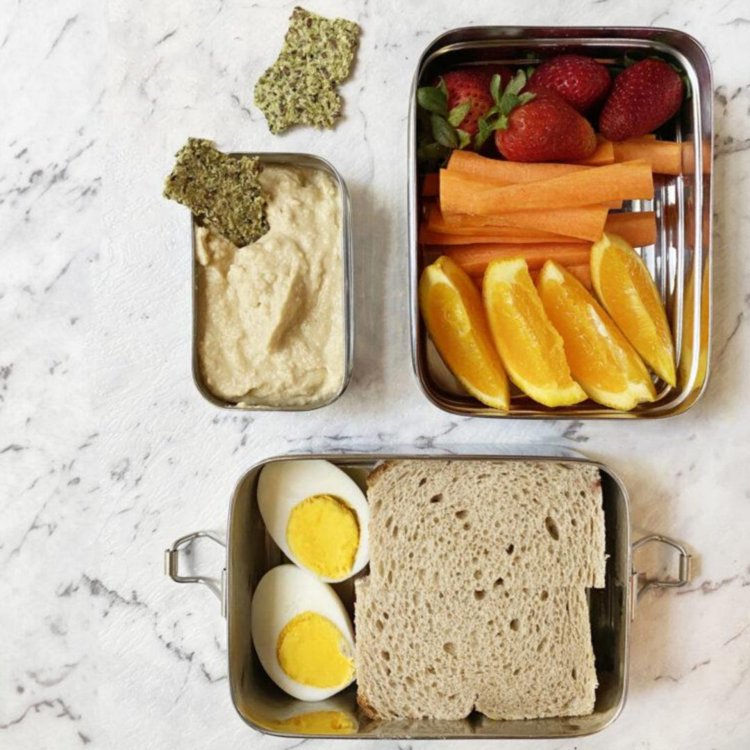 Green Essentials Tuck-A-Stacker stainless steel lunch box, packed.