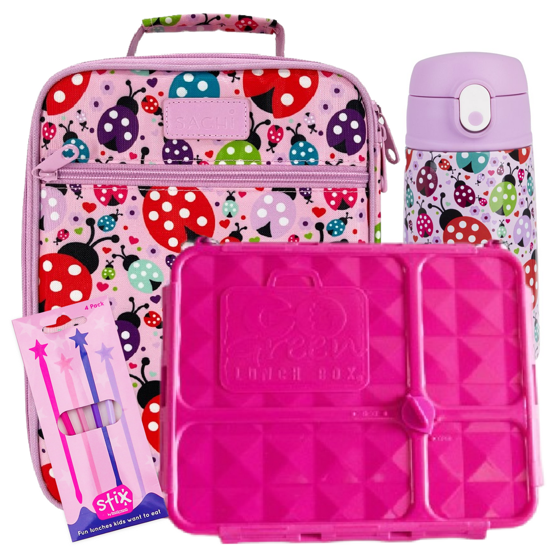 Lovely Ladybugs Lunch Box, Bag & Flip Bottle Bundle - Bonus STIX!