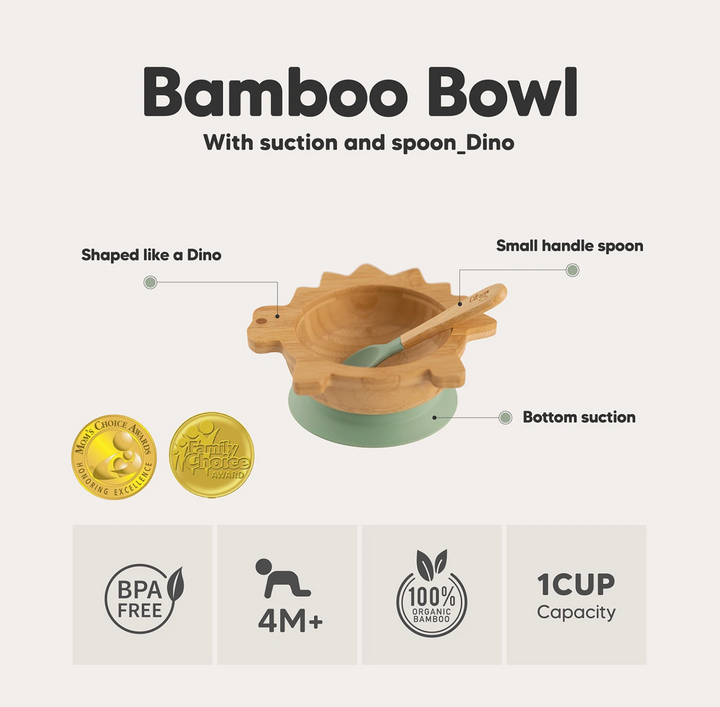 Citron Bamboo Suction Bowl & Spoon Set - Dinosaur - CLEARANCE