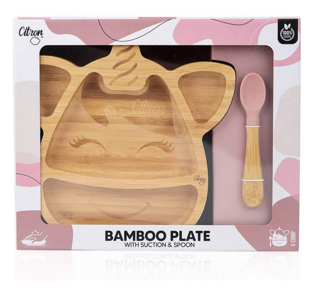 Citron Bamboo Suction Plate & Spoon Set - Unicorn