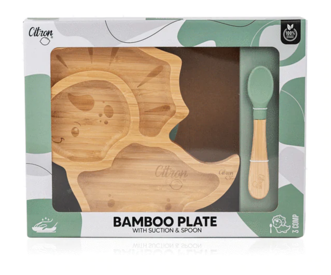 Citron Bamboo Suction Plate & Spoon Set - Dinosaur