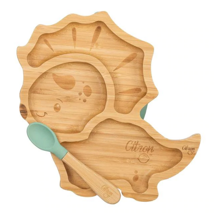 Citron Bamboo Suction Plate & Spoon Set - Dinosaur